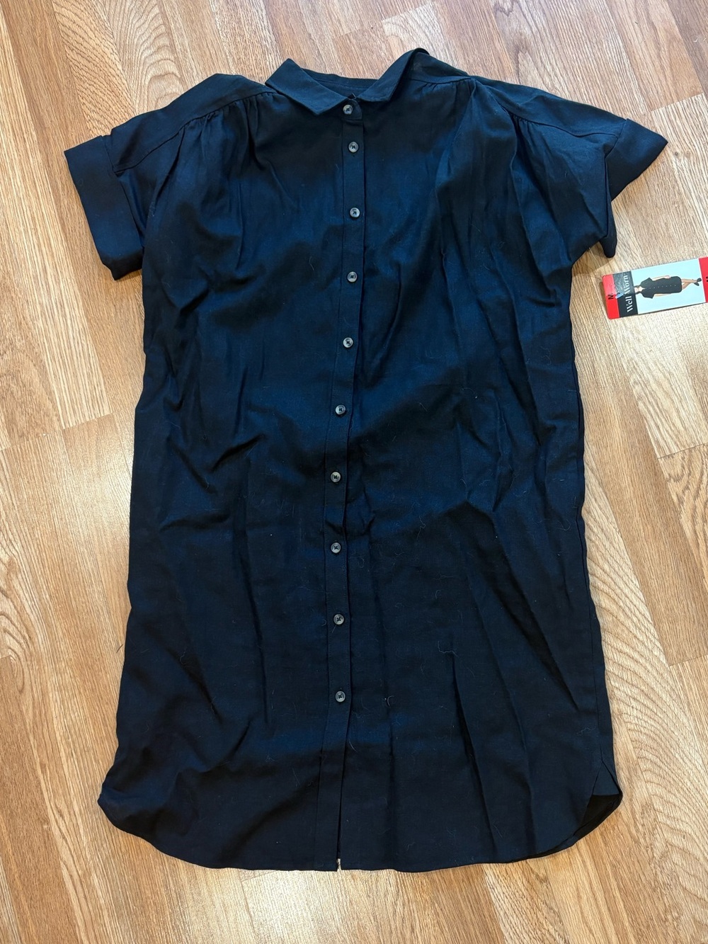NWT Black Button-Down Linen Blend Short Sleeve Shirt Dress M